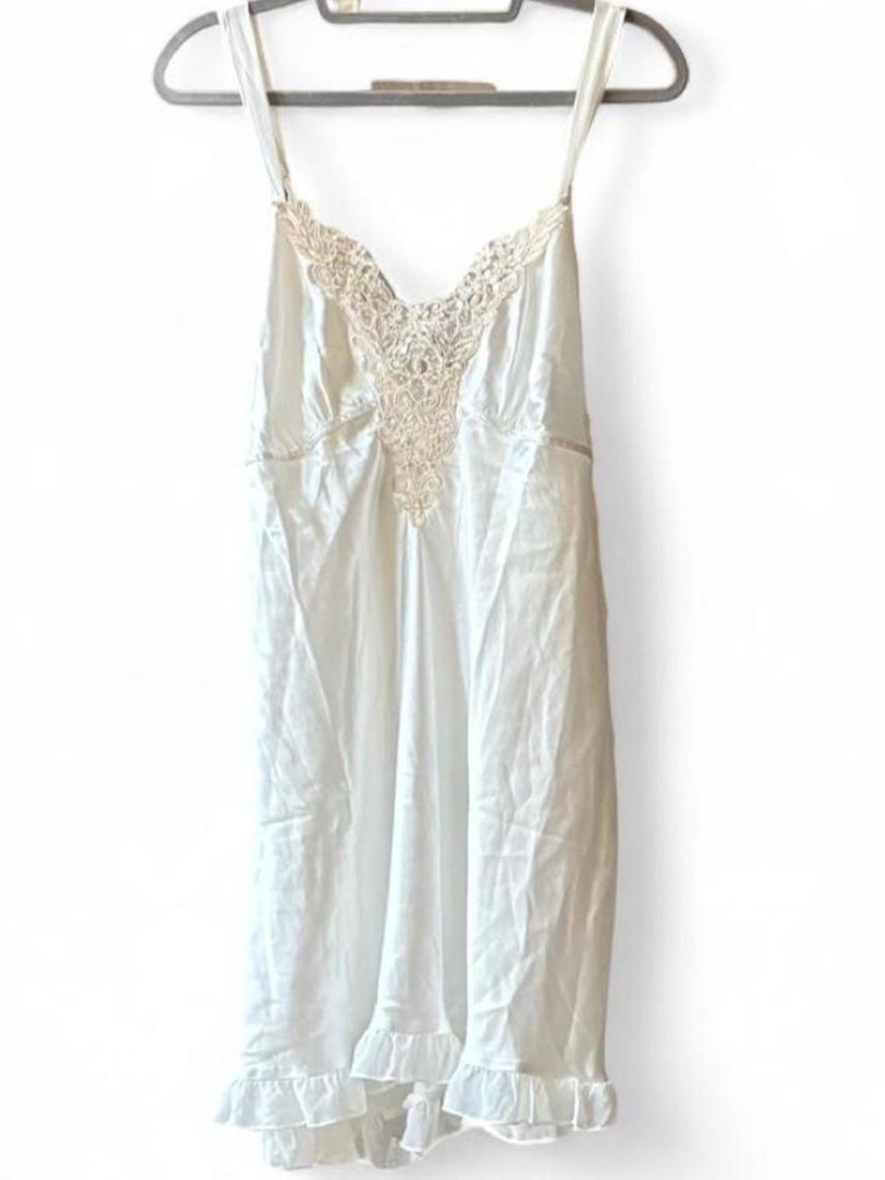 Vintage Linea Donatella White Beaded Ruffly Satin Mini Slip Dress Size XL